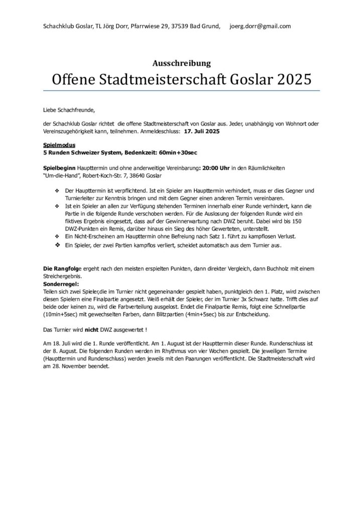 Ausschreibung Offene Stadtmeisterschaft Goslar 2025
